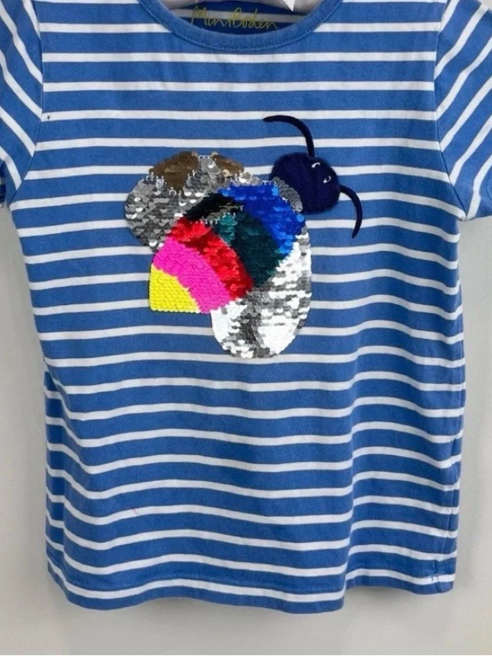 Mini Boden Blue & White Stripe Flip Sequin Shirt Sz 9-10